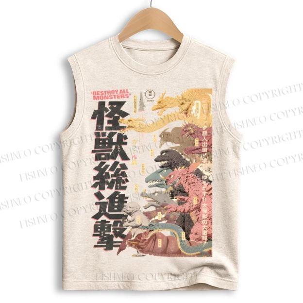 Unisex Destroy All Monsters Godzilla Vintage Printed Cotton Tank Top