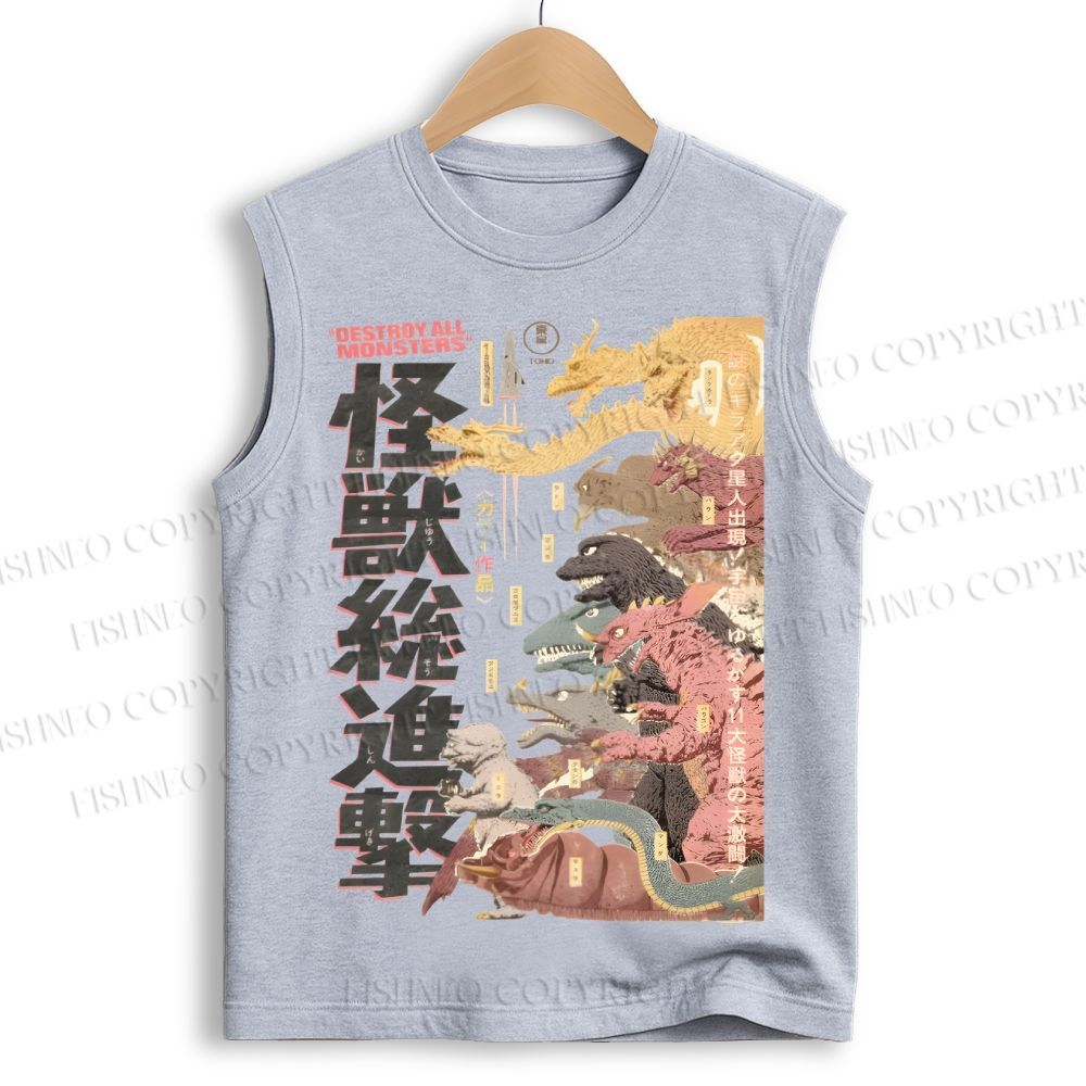 Unisex Destroy All Monsters Godzilla Vintage Printed Cotton Tank Top