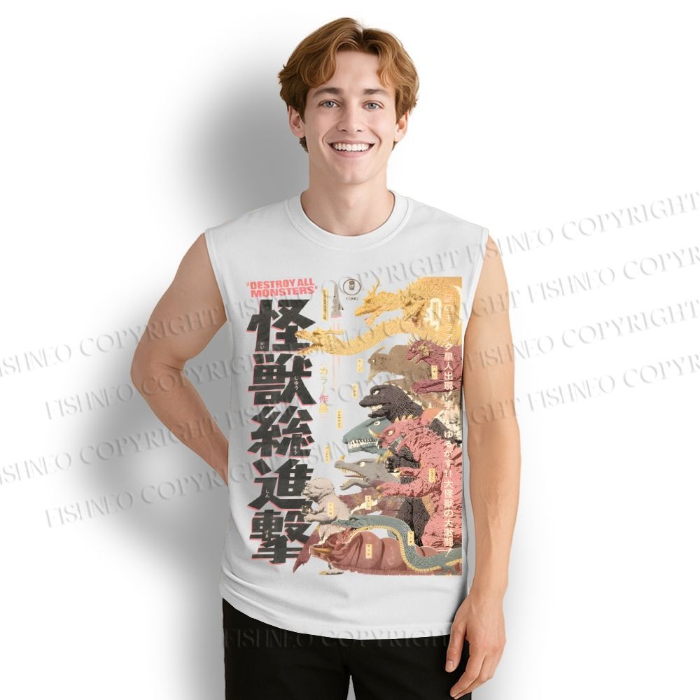 Unisex Destroy All Monsters Godzilla Vintage Printed Cotton Tank Top
