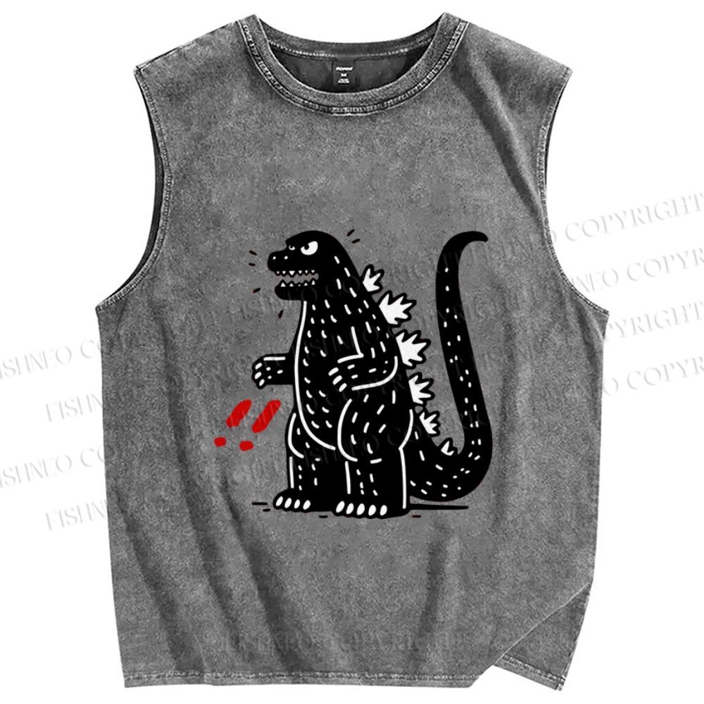 Unisex Godzilla Graffiti Printed Washed Tank Top