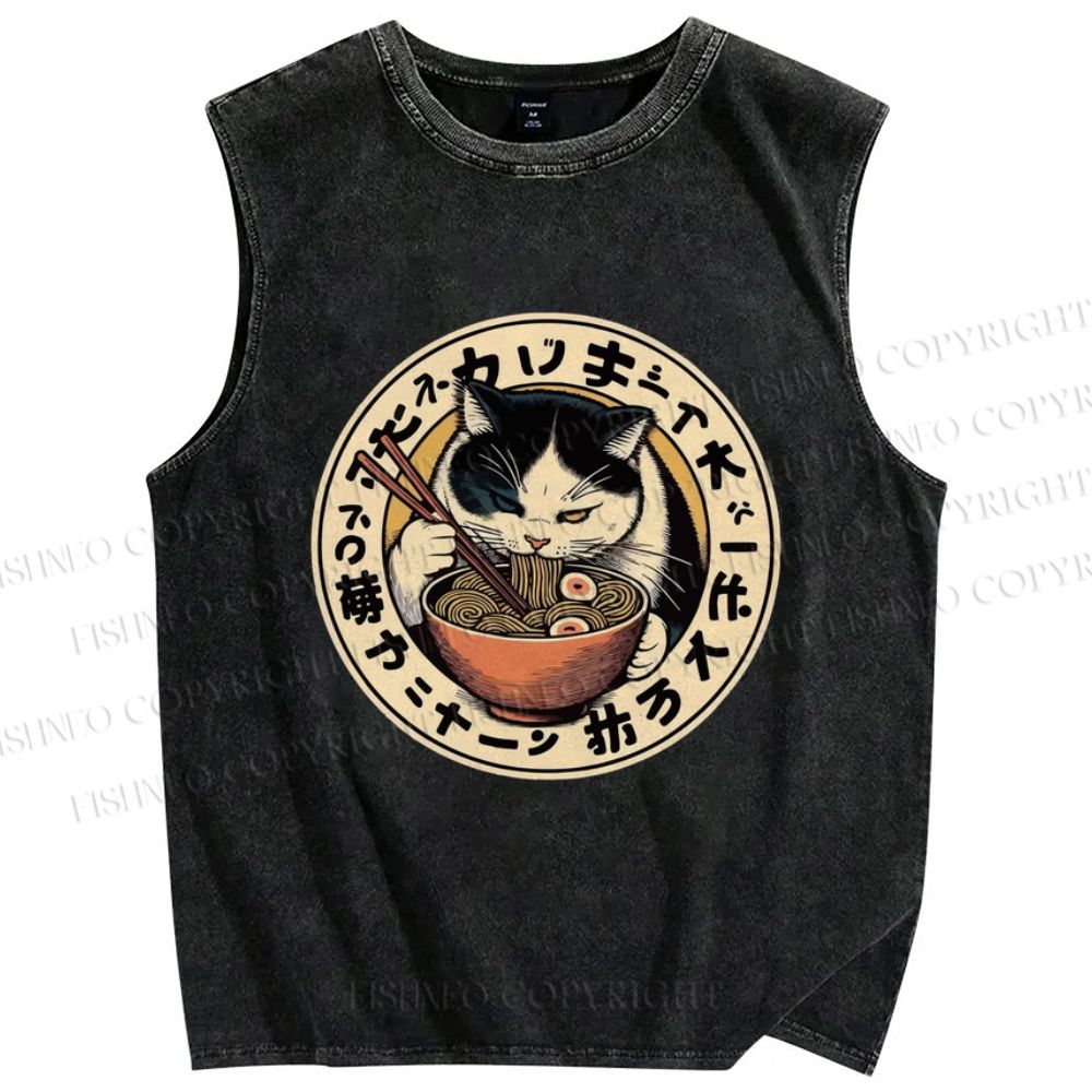 Unisex Ramen Cat Printed Washed Tank Top
