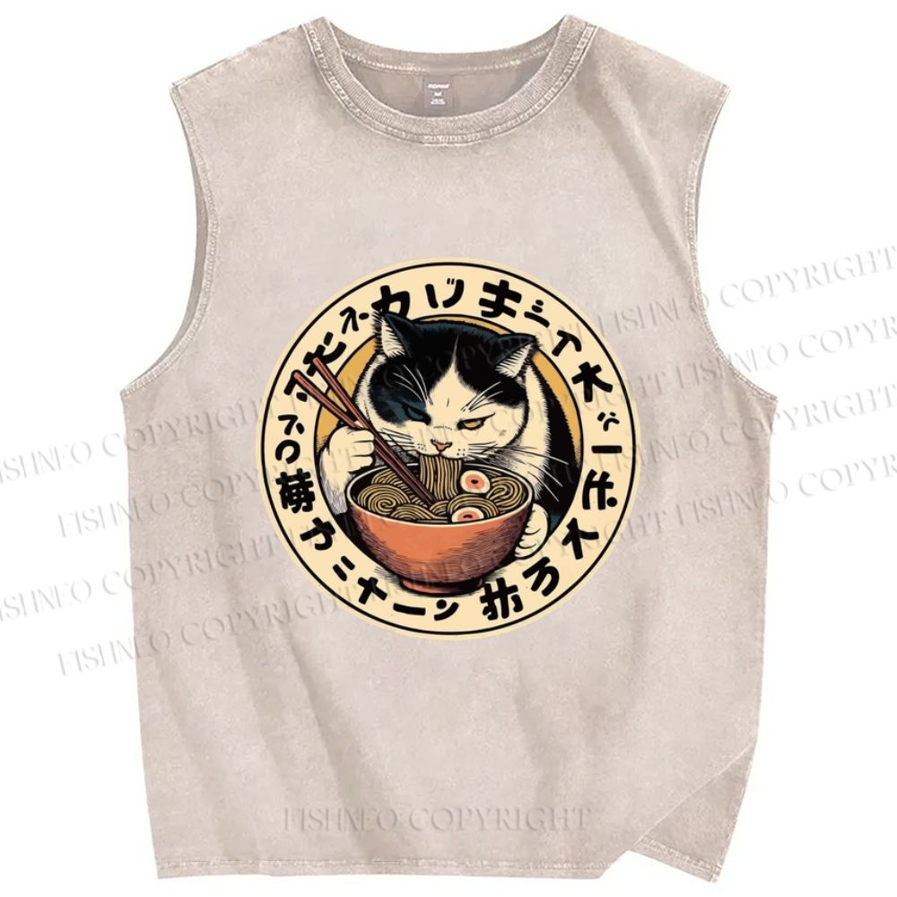 Unisex Ramen Cat Printed Washed Tank Top