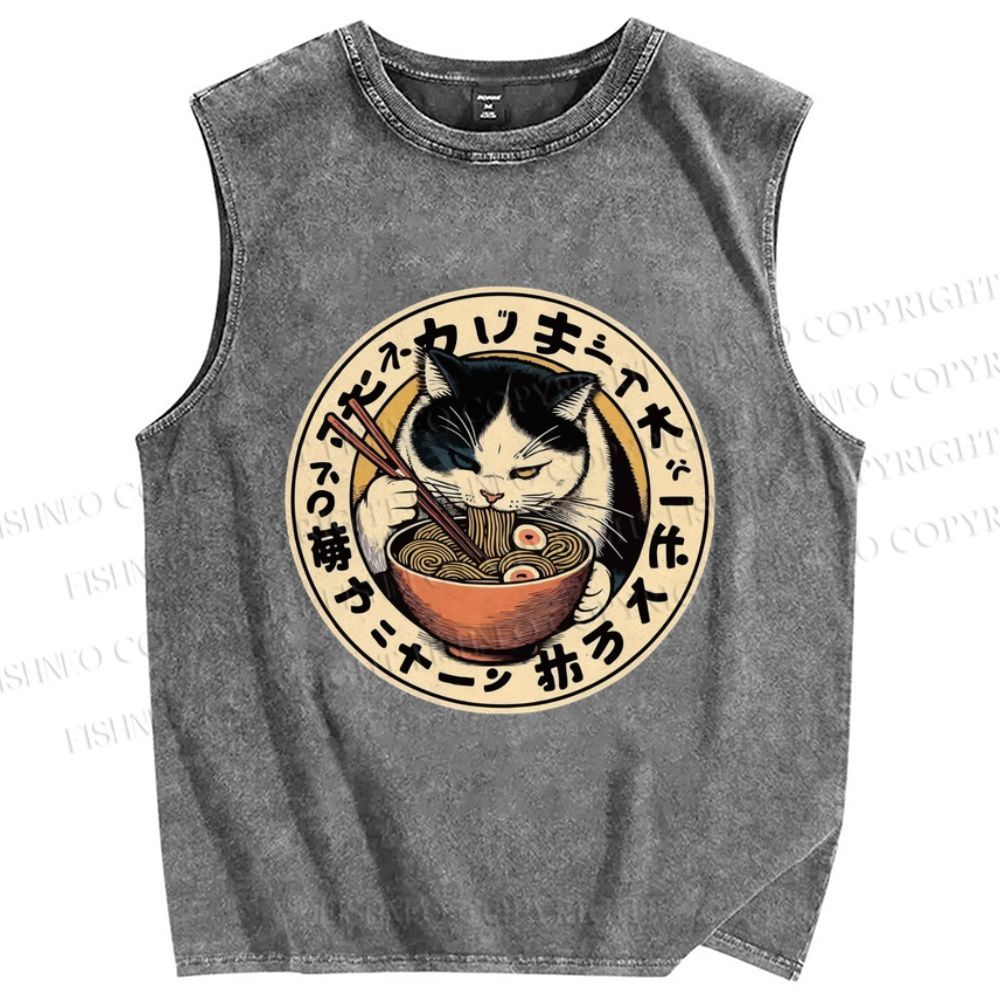 Unisex Ramen Cat Printed Washed Tank Top