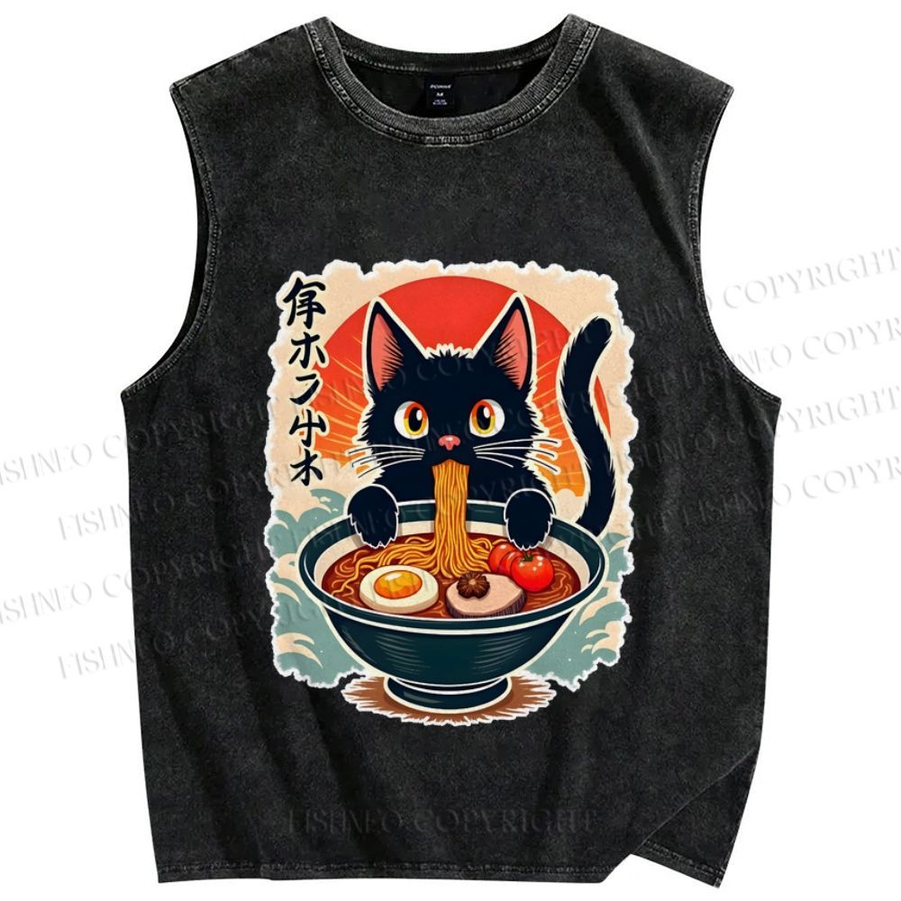 Unisex Ramen Cat Printed Washed Tank Top
