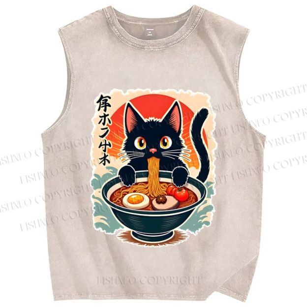 Unisex Ramen Cat Printed Washed Tank Top