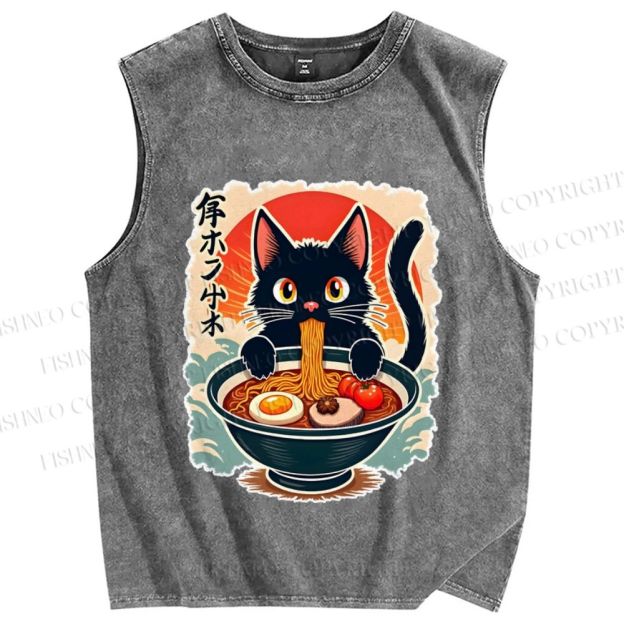 Unisex Ramen Cat Printed Washed Tank Top