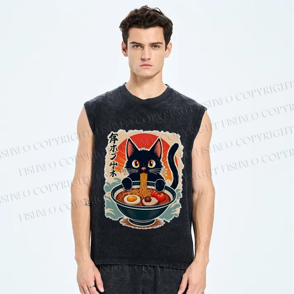 Unisex Ramen Cat Printed Washed Tank Top