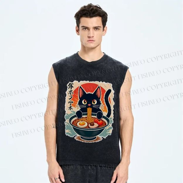 Unisex Ramen Cat Printed Washed Tank Top