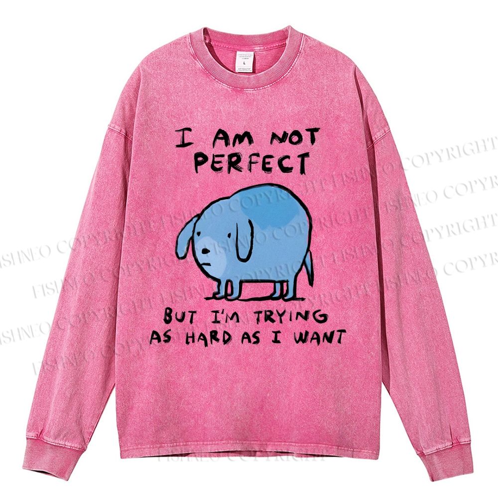 Unisex Casual Washed  I Am Not Perfect Dog Printed Long Sleeve T-shirt