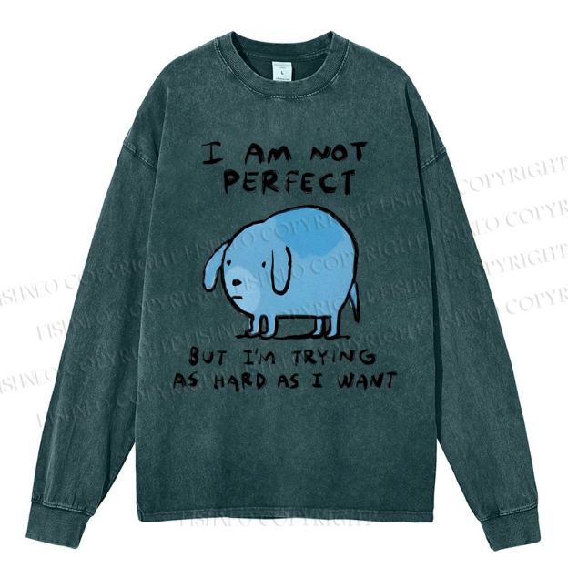Unisex Casual Washed  I Am Not Perfect Dog Printed Long Sleeve T-shirt