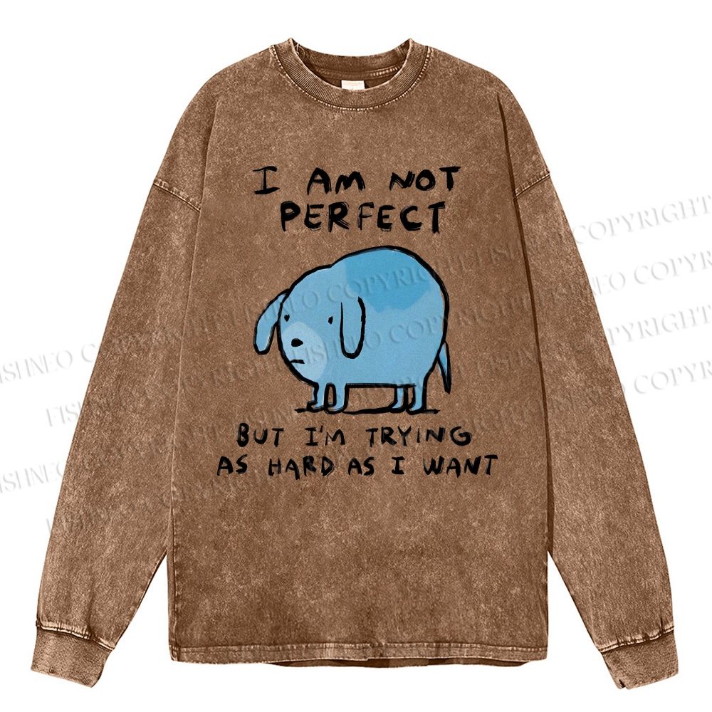 Unisex Casual Washed  I Am Not Perfect Dog Printed Long Sleeve T-shirt