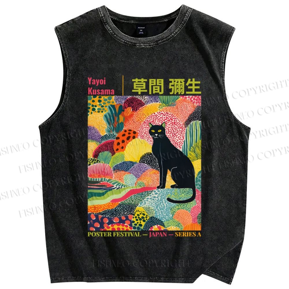 Unisex Black Cat Yayoi Kusama Printed Washed Tank Top