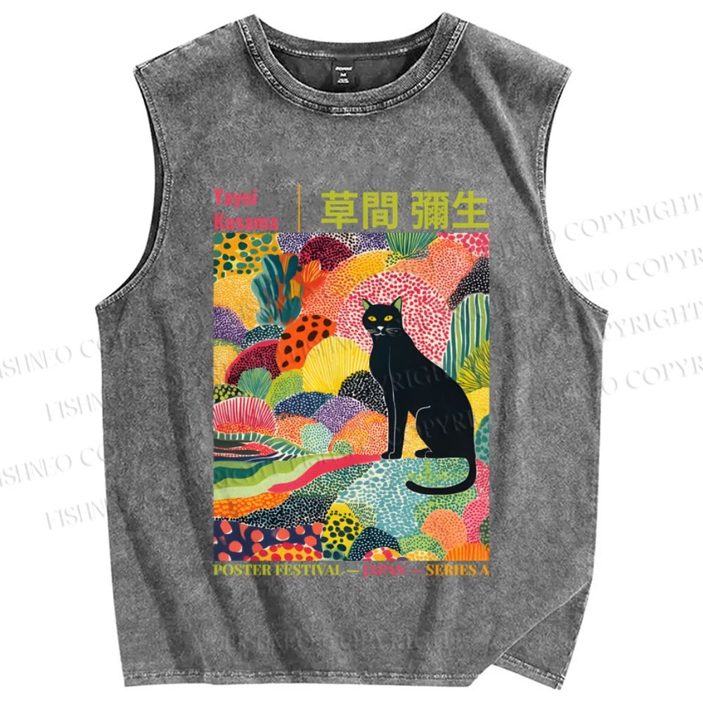 Unisex Black Cat Yayoi Kusama Printed Washed Tank Top