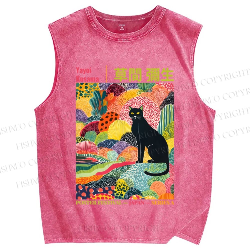 Unisex Black Cat Yayoi Kusama Printed Washed Tank Top