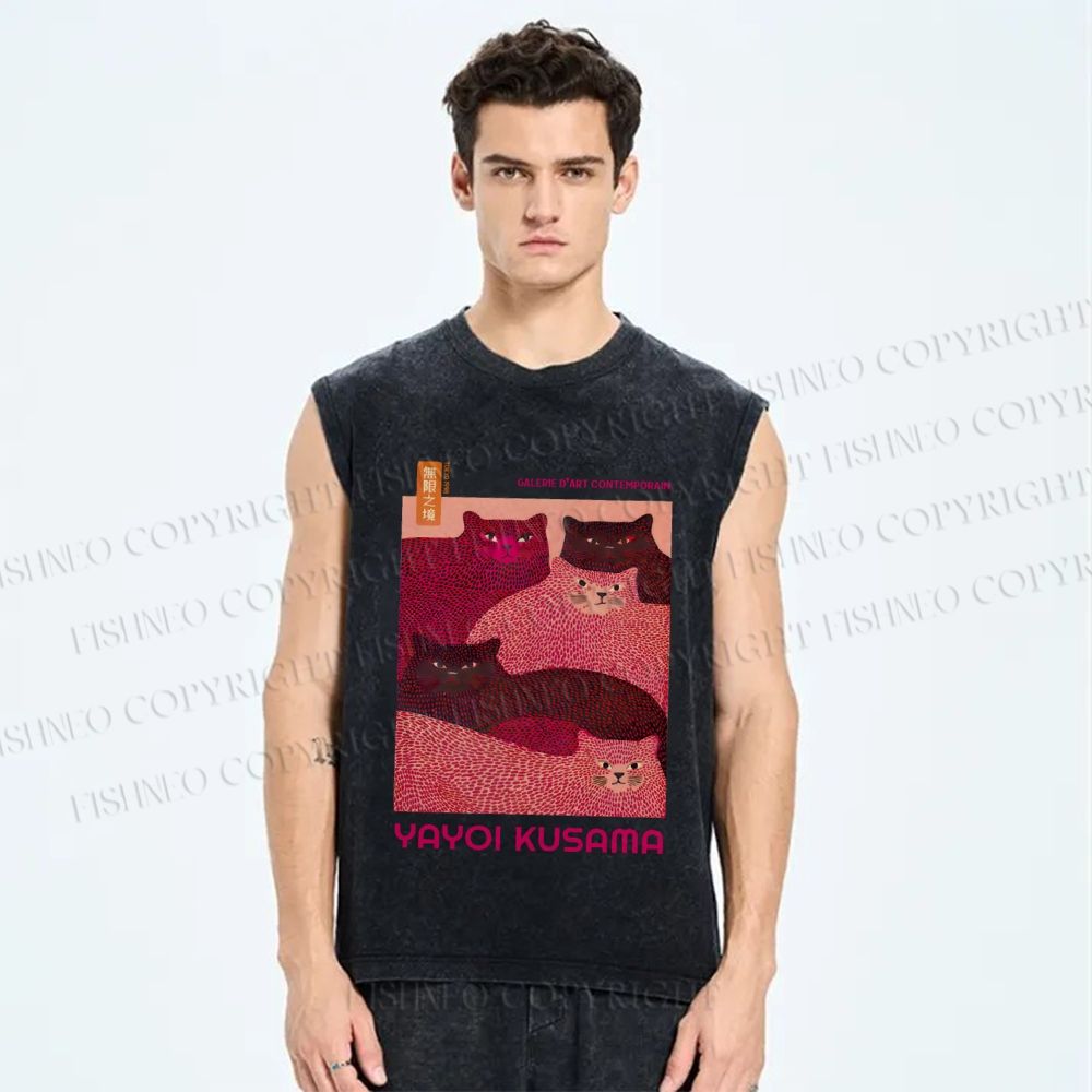 Unisex Pink Bears Yayoi Kusama Printed Washed Tank Top