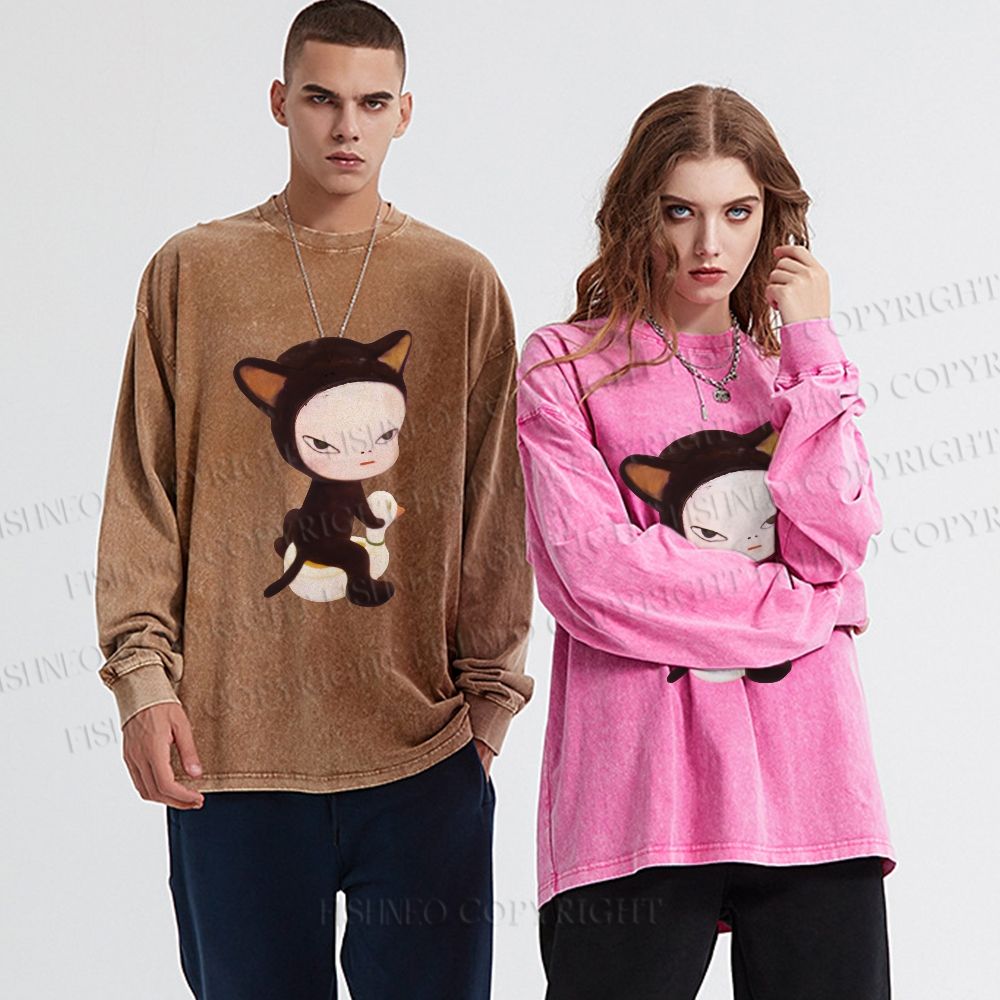 Unisex Casual Washed Yoshitomo Nara Duck Printed Long Sleeve T-shirt