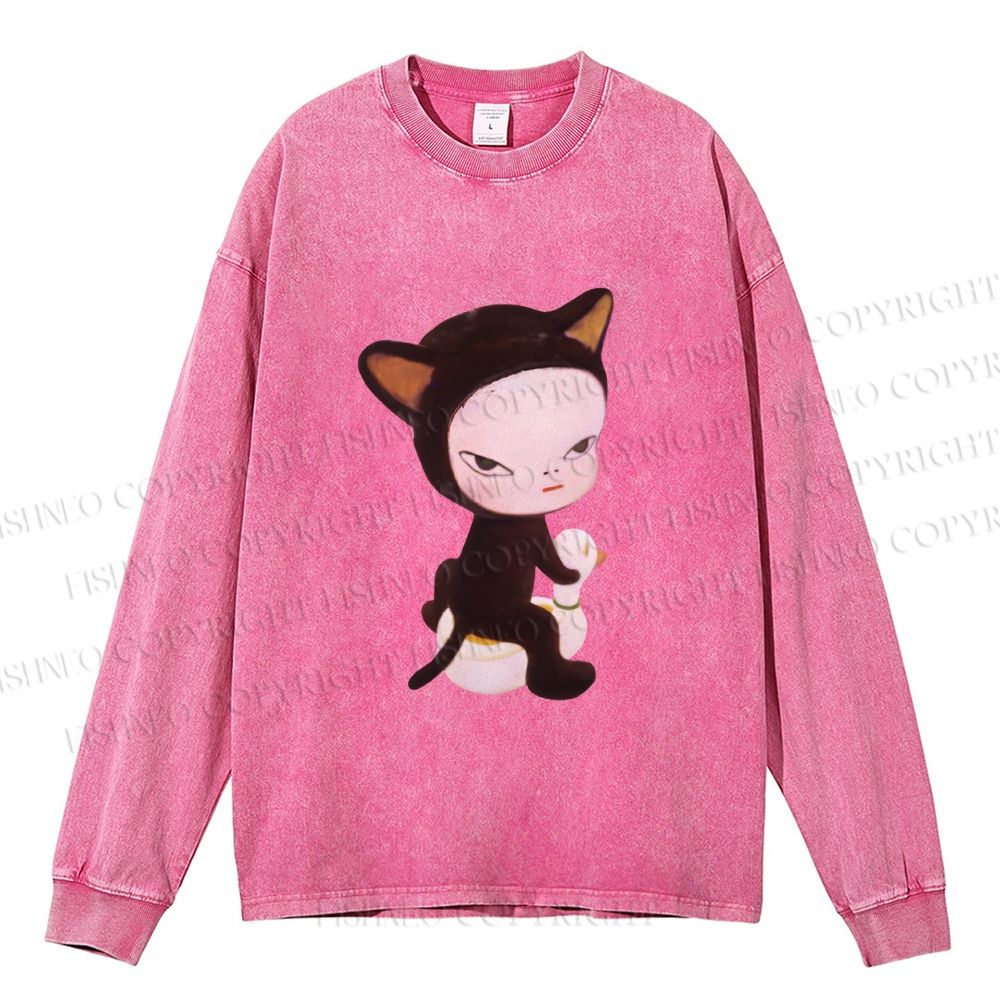 Unisex Casual Washed Yoshitomo Nara Duck Printed Long Sleeve T-shirt