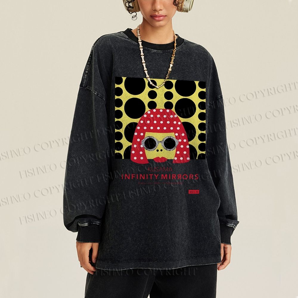 Unisex Casual Washed  Japanese Yayoi Kusama Woman Printed Long Sleeve T-shirt