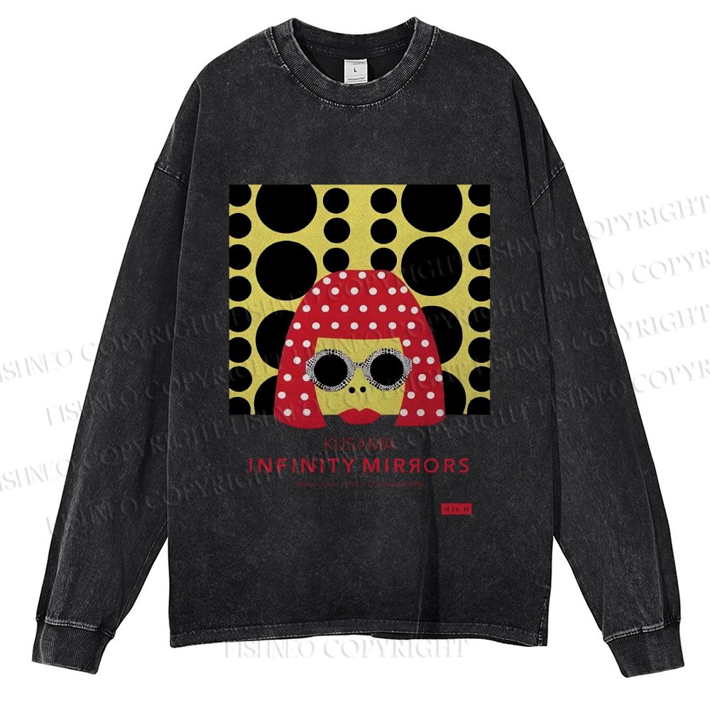 Unisex Casual Washed  Japanese Yayoi Kusama Woman Printed Long Sleeve T-shirt