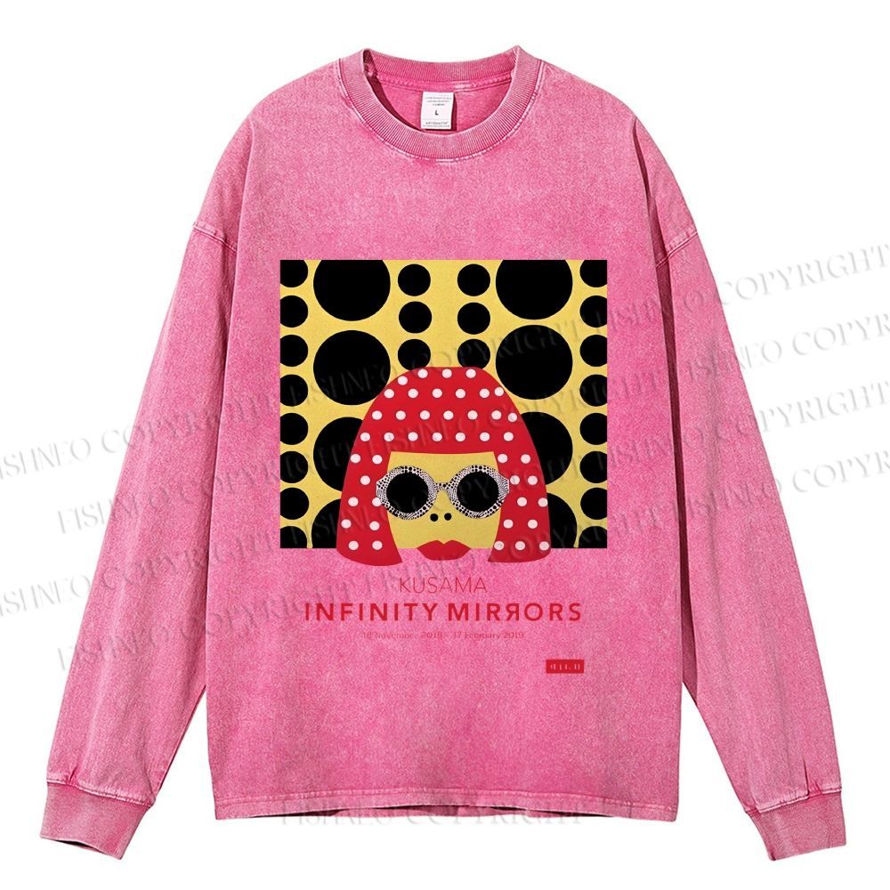 Unisex Casual Washed  Japanese Yayoi Kusama Woman Printed Long Sleeve T-shirt
