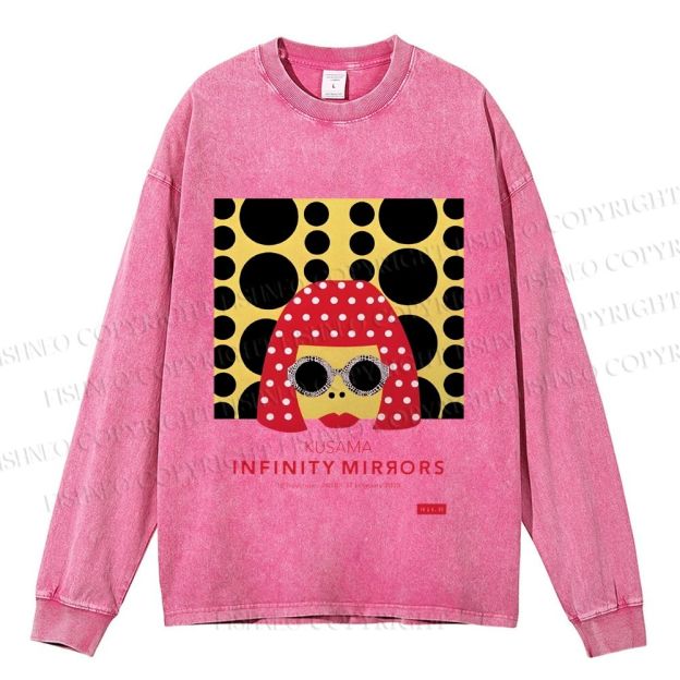 Unisex Casual Washed  Japanese Yayoi Kusama Woman Printed Long Sleeve T-shirt