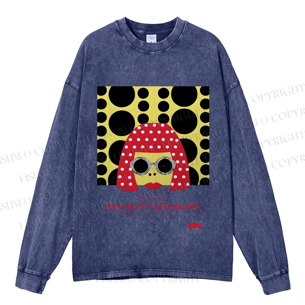 Unisex Casual Washed  Japanese Yayoi Kusama Woman Printed Long Sleeve T-shirt