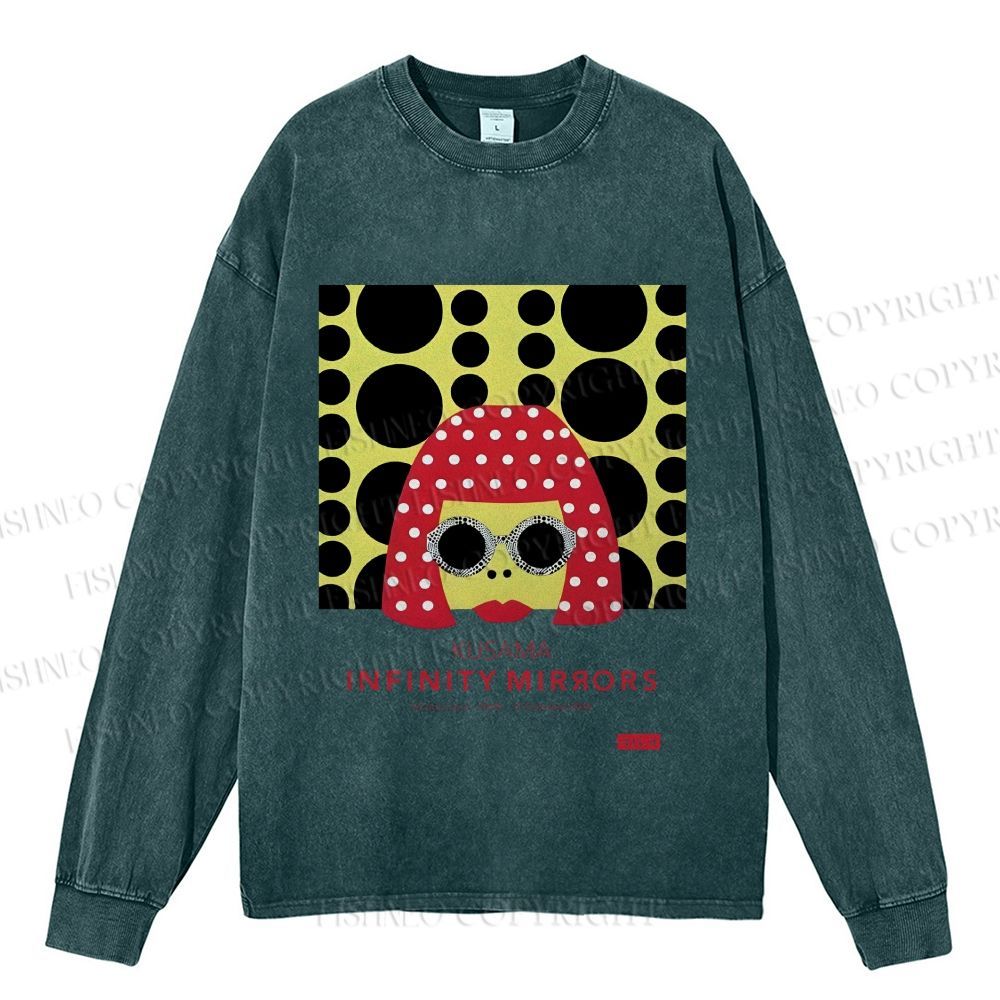 Unisex Casual Washed  Japanese Yayoi Kusama Woman Printed Long Sleeve T-shirt