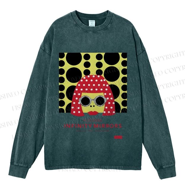 Unisex Casual Washed  Japanese Yayoi Kusama Woman Printed Long Sleeve T-shirt