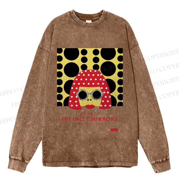 Unisex Casual Washed  Japanese Yayoi Kusama Woman Printed Long Sleeve T-shirt