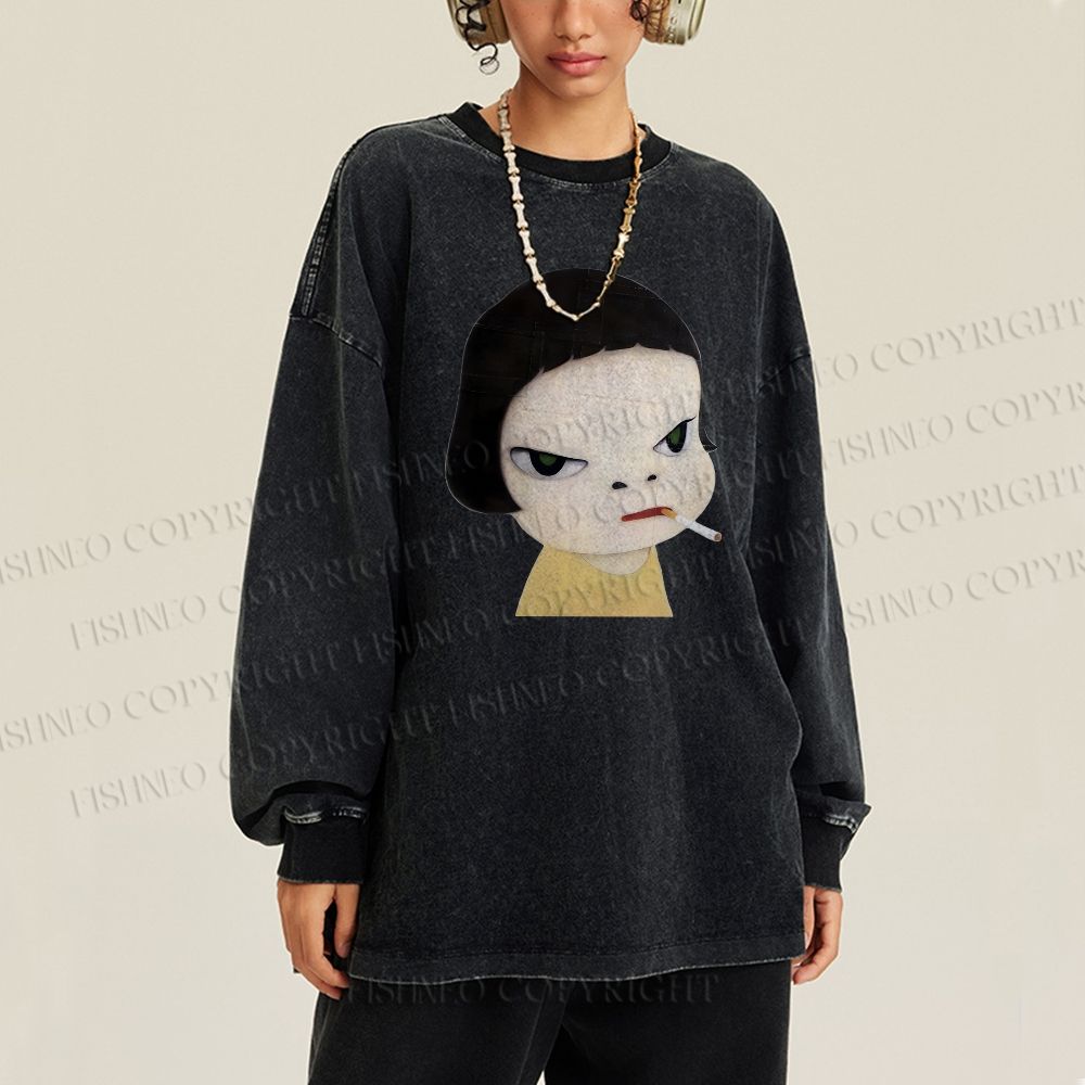 Unisex Casual Washed Yoshitomo Nara Smoking Printed Long Sleeve T-shirt
