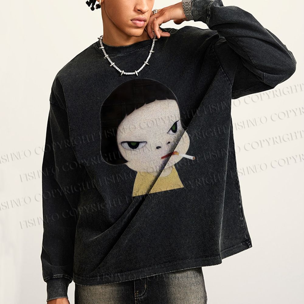 Unisex Casual Washed Yoshitomo Nara Smoking Printed Long Sleeve T-shirt