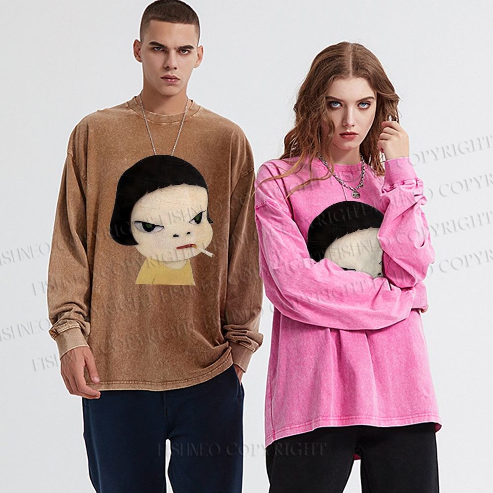 Unisex Casual Washed Yoshitomo Nara Smoking Printed Long Sleeve T-shirt