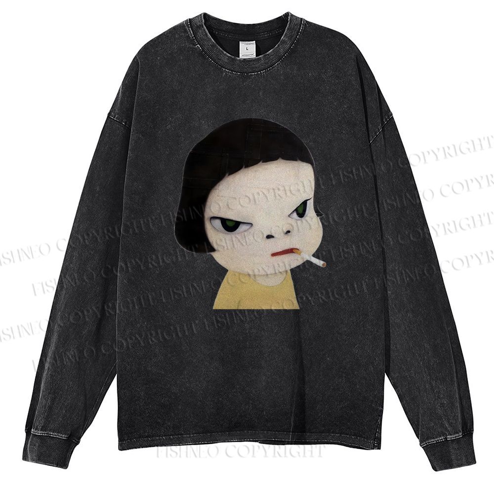 Unisex Casual Washed Yoshitomo Nara Smoking Printed Long Sleeve T-shirt