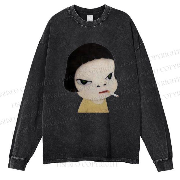 Unisex Casual Washed Yoshitomo Nara Smoking Printed Long Sleeve T-shirt