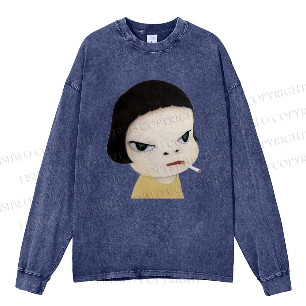 Unisex Casual Washed Yoshitomo Nara Smoking Printed Long Sleeve T-shirt