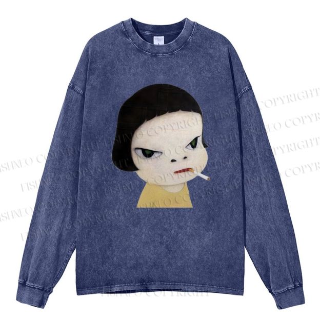 Unisex Casual Washed Yoshitomo Nara Smoking Printed Long Sleeve T-shirt