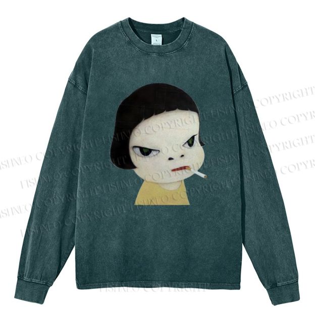 Unisex Casual Washed Yoshitomo Nara Smoking Printed Long Sleeve T-shirt