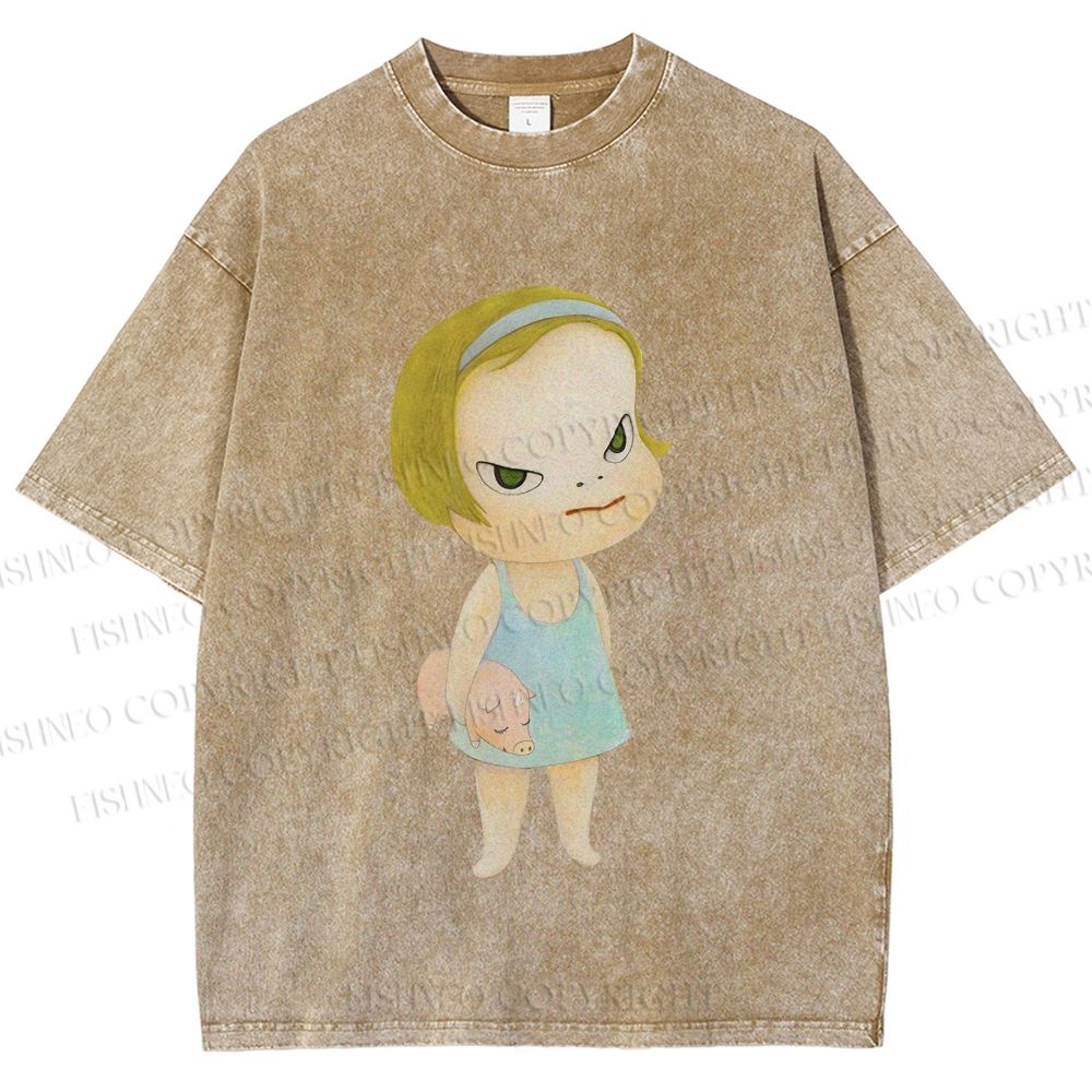 Unisex Yoshitomo Nara Girl Pig Printed Washed Tee