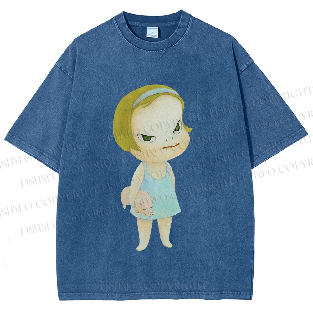 Unisex Yoshitomo Nara Girl Pig Printed Washed Tee