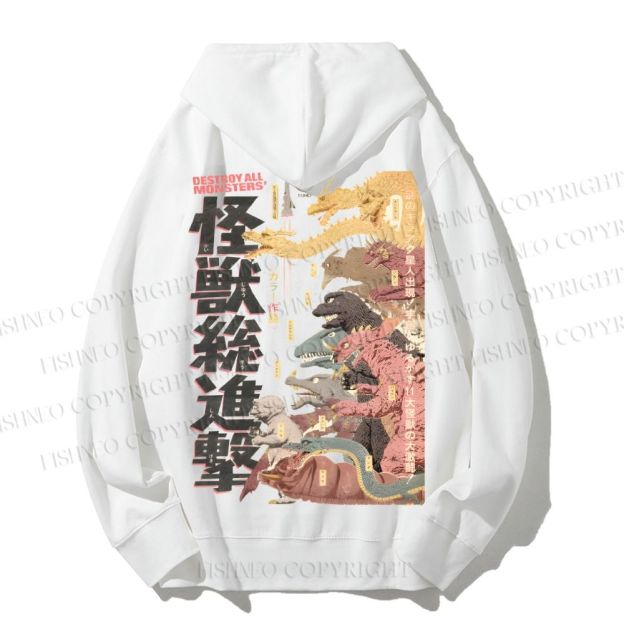 Unisex Casual Cotton Destroy All Monsters Godzilla Vintage Printed Hoodie