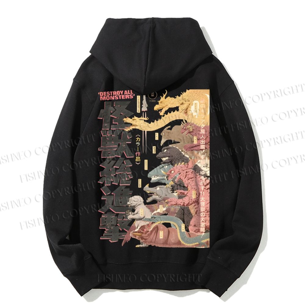 Unisex Casual Cotton Destroy All Monsters Godzilla Vintage Printed Hoodie