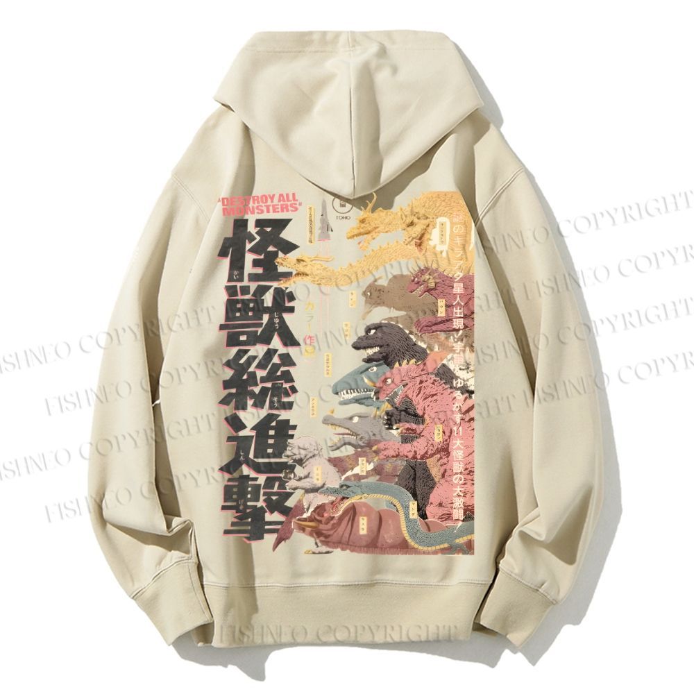 Unisex Casual Cotton Destroy All Monsters Godzilla Vintage Printed Hoodie