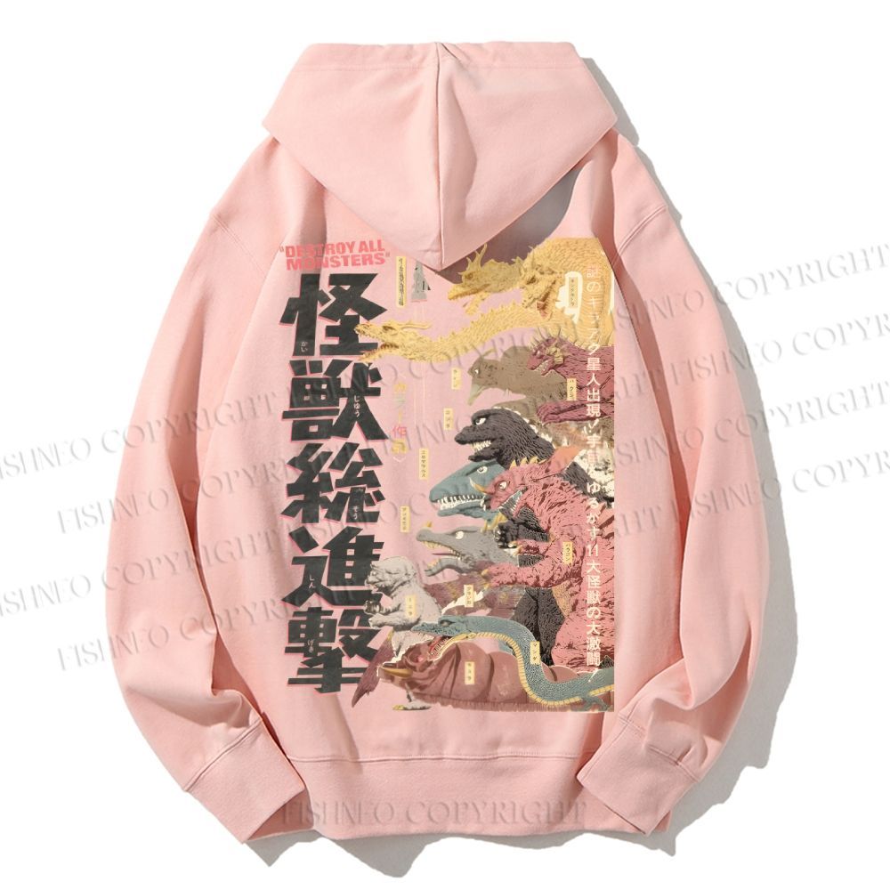 Unisex Casual Cotton Destroy All Monsters Godzilla Vintage Printed Hoodie