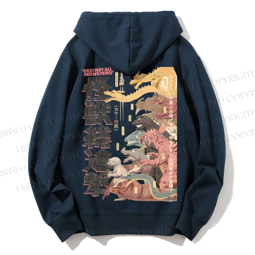 Unisex Casual Cotton Destroy All Monsters Godzilla Vintage Printed Hoodie