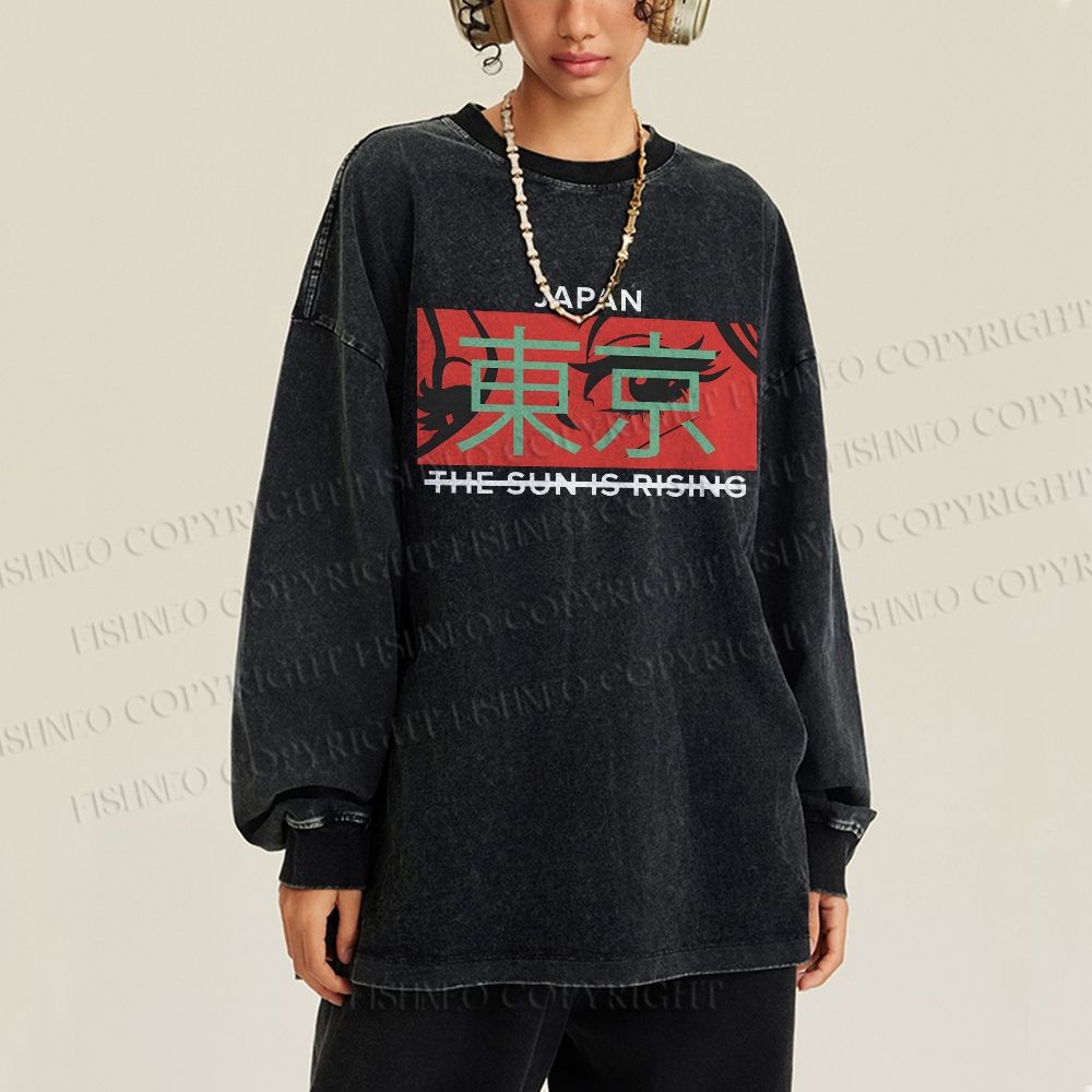 Unisex Casual Washed Japan Tokyo Printed Long Sleeve T-shirt