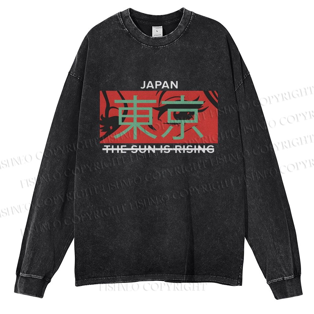 Unisex Casual Washed Japan Tokyo Printed Long Sleeve T-shirt
