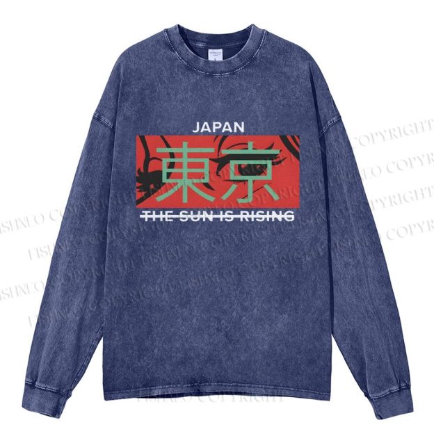 Unisex Casual Washed Japan Tokyo Printed Long Sleeve T-shirt