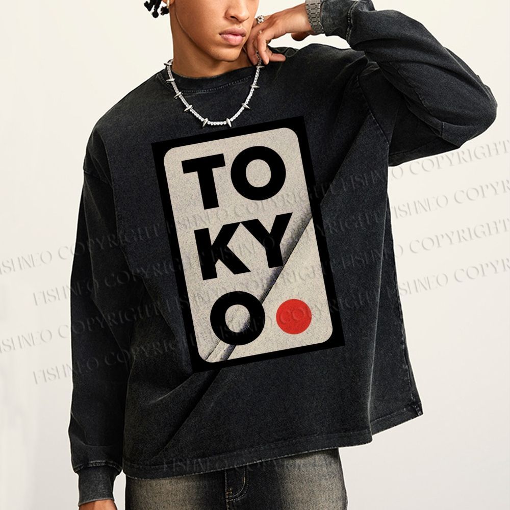 Unisex Casual Washed Tokyo Printed Long Sleeve T-shirt