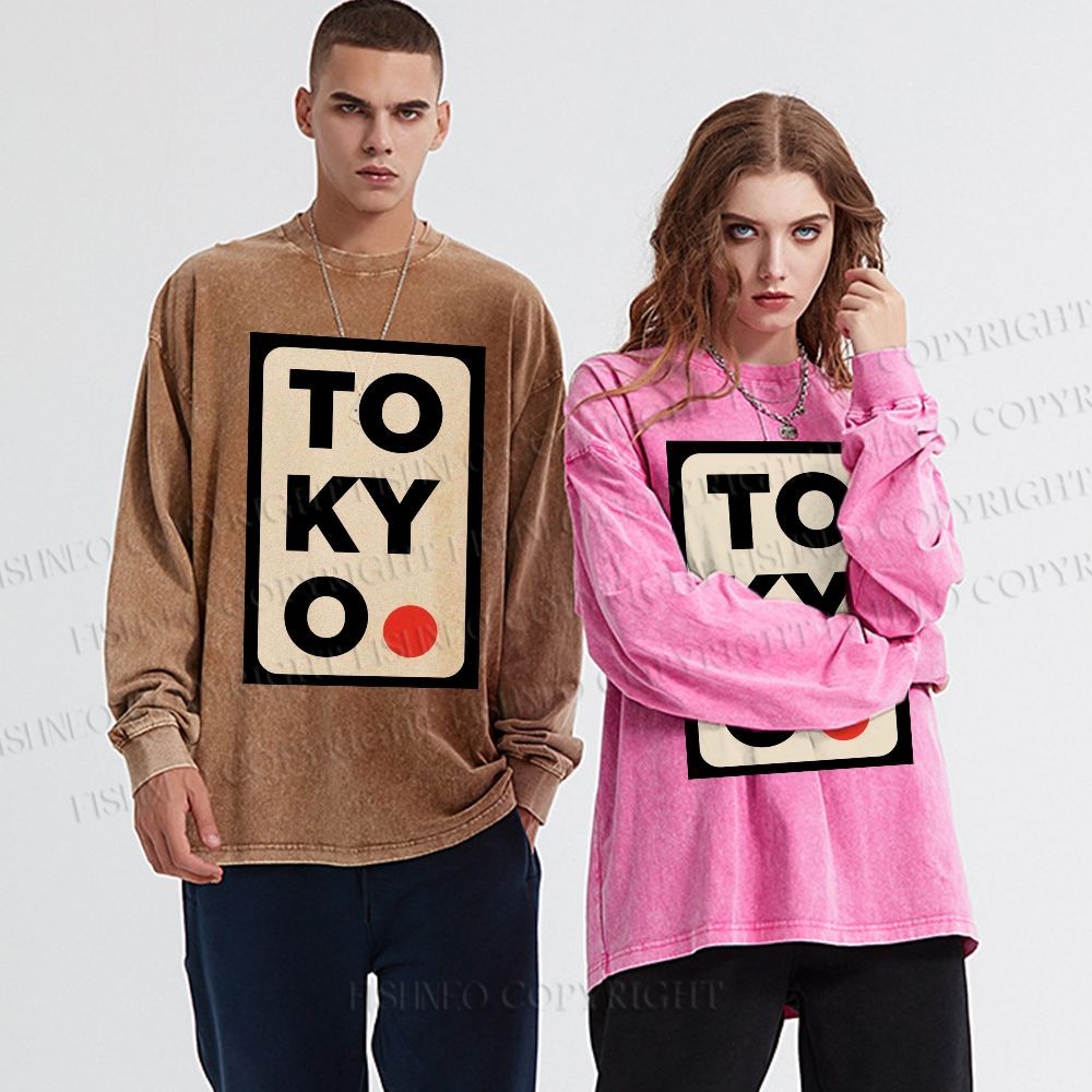 Unisex Casual Washed Tokyo Printed Long Sleeve T-shirt