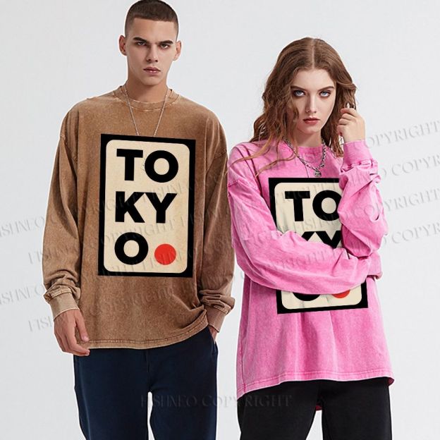 Unisex Casual Washed Tokyo Printed Long Sleeve T-shirt